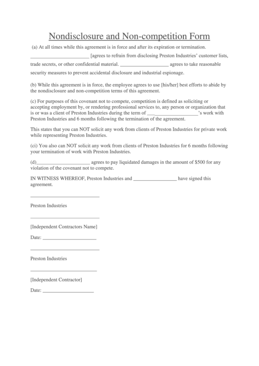 Nondisclosure And Non-Competition Form - Preston Industries Llc Printable pdf