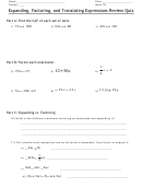 Expanding, Factoring, And Translating Expressions Review Quiz Math Worksheet