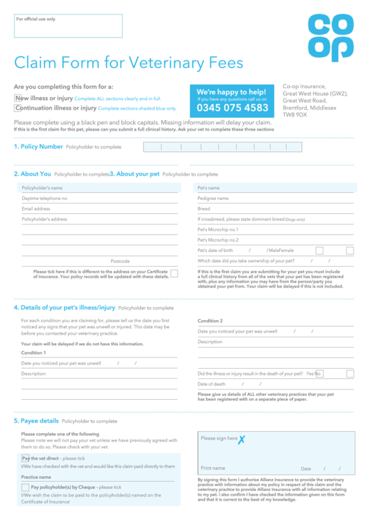 Claim Form For Veterinary Fees - Co-Op Insurance Printable pdf
