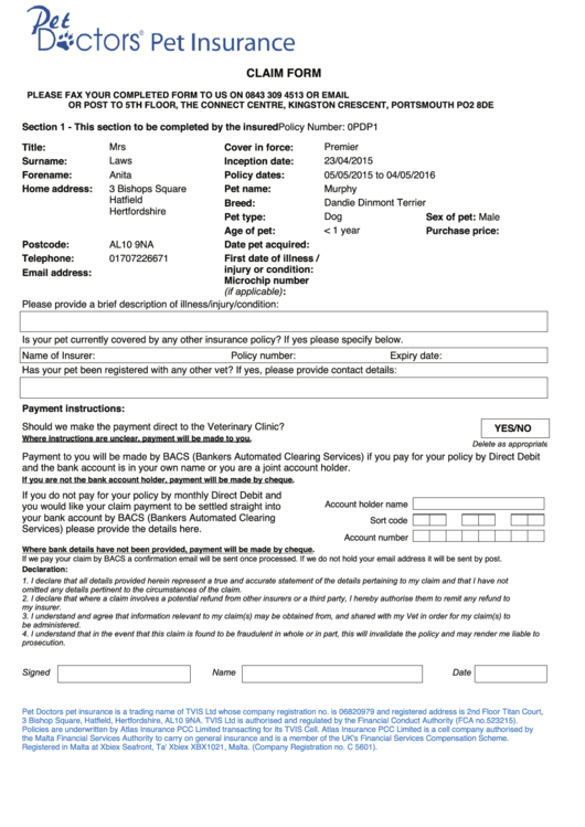 Claim Form - Vetsure Printable pdf