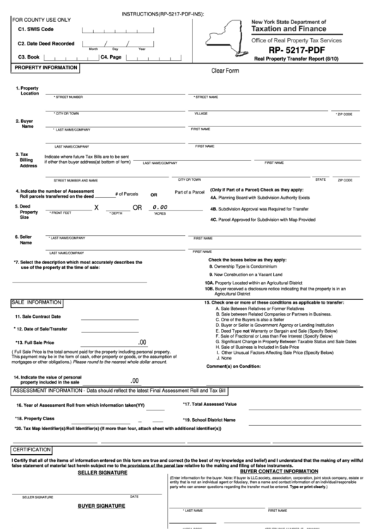 Fillable Rp- 5217-Pdf - Real Property Transfer Report Printable pdf