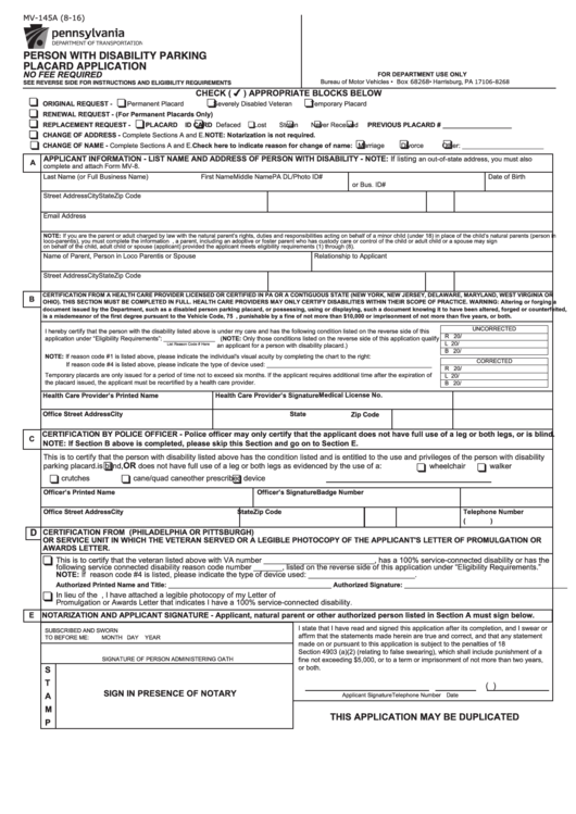 Fillable Form Mv 145a Person With Disability Parking Placard Application Printable Pdf Download