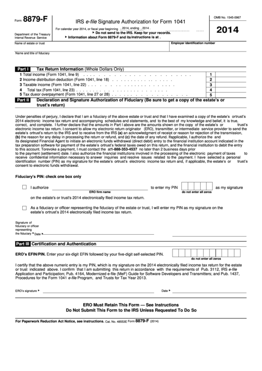 Form 8879-F - 2014 Irs E-File Signature Authorization For Form 1041 Printable pdf