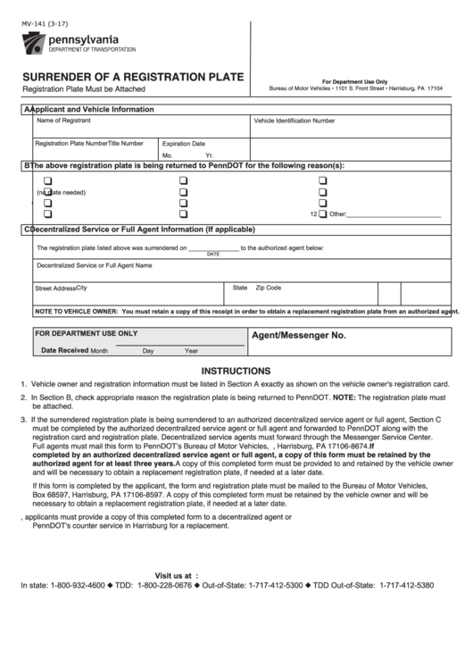 Form Mv-141 - Surrender Of A Registration Plate
