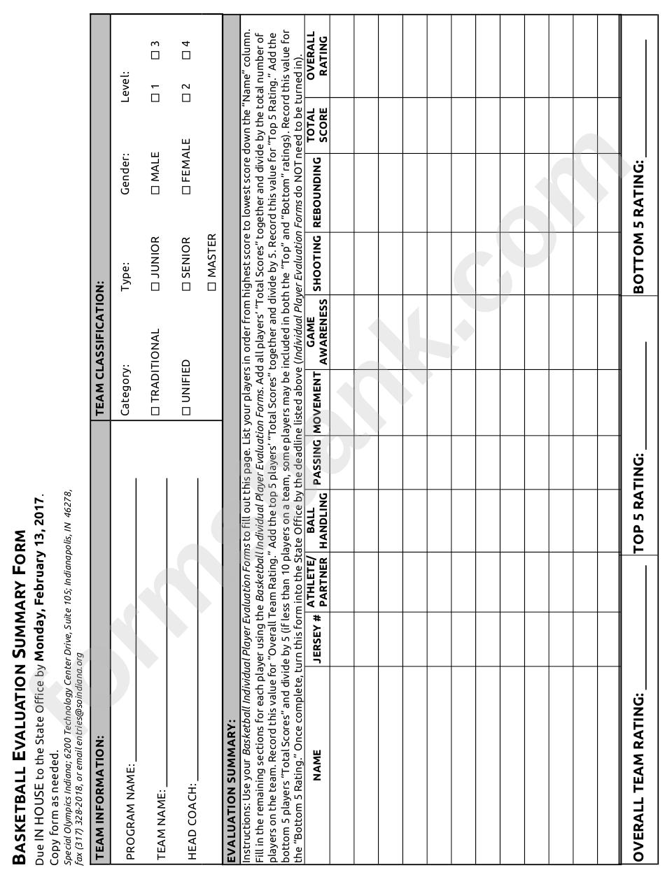 Basketball Individual Player Evaluation Form