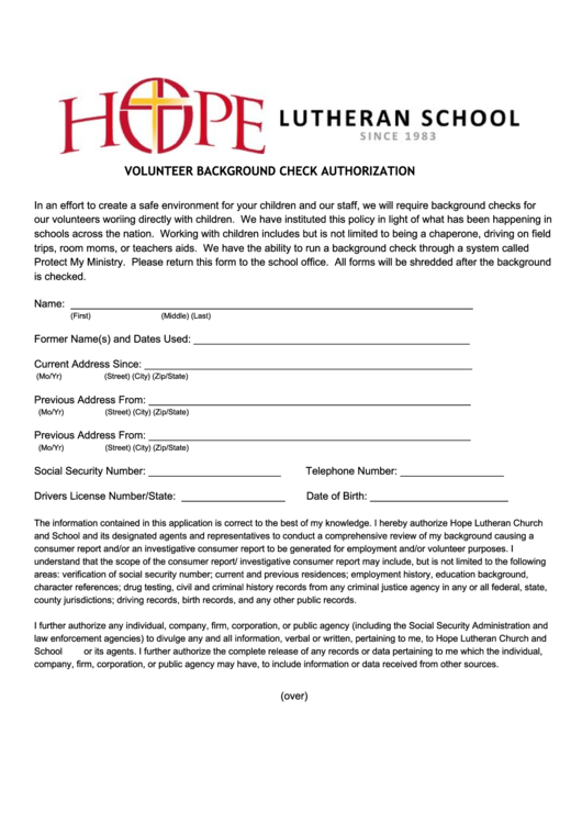 Hope Lutheran School Volunteer Background Check Authorization Printable pdf