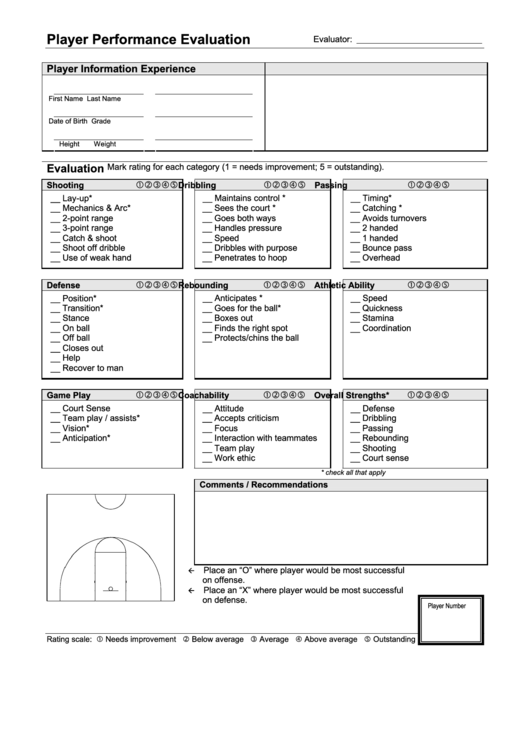 Coaching Form Player Performance Evaluation printable pdf download
