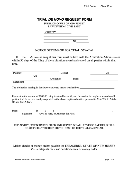 Fillable Trial De Novo Request Form - New Jersey Courts Printable pdf