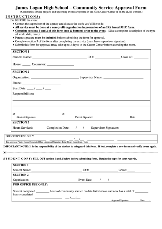 Fillable James Logan High School - Community Service Approval Form Printable pdf