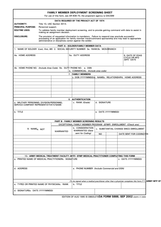 Family Member Deployment Screening Sheet - Da Form 5888 Printable pdf
