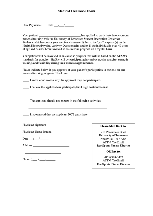 Medical Clearance Form - Recsports Printable pdf