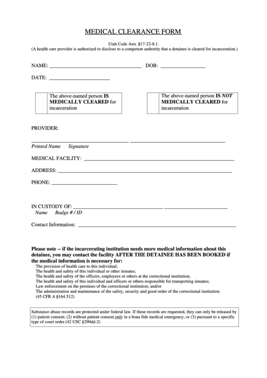 Medical Clearance Form - Utah Attorney General Printable pdf