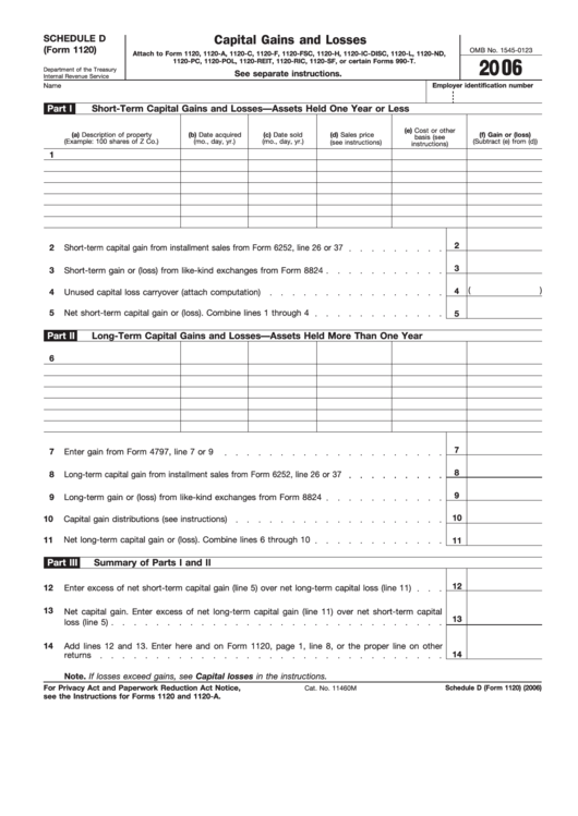 Fillable Schedule D (Form 1120) - Capital Gains And Losses - 2006 Printable pdf