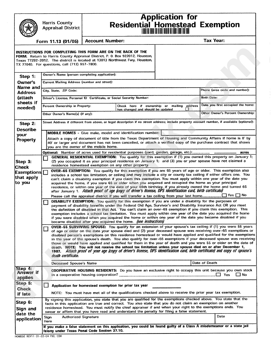 Harris County Homestead Exemption Form printable pdf download