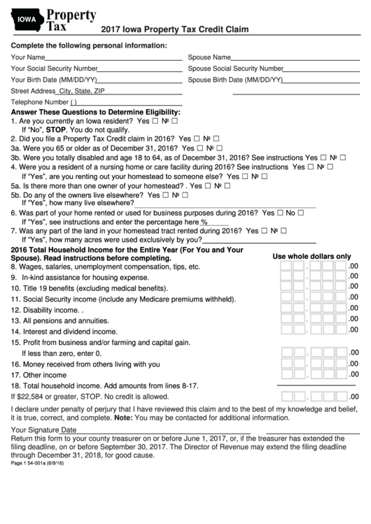 Form 54-001a - Iowa Property Tax Credit Claim - 2017 Printable pdf