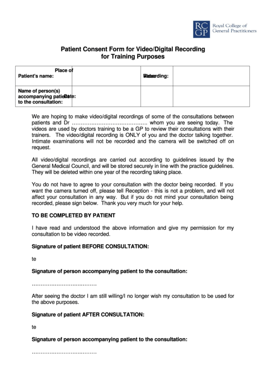 Patient Consent Form For Video/digital Recording For Training - Rcgp Printable pdf