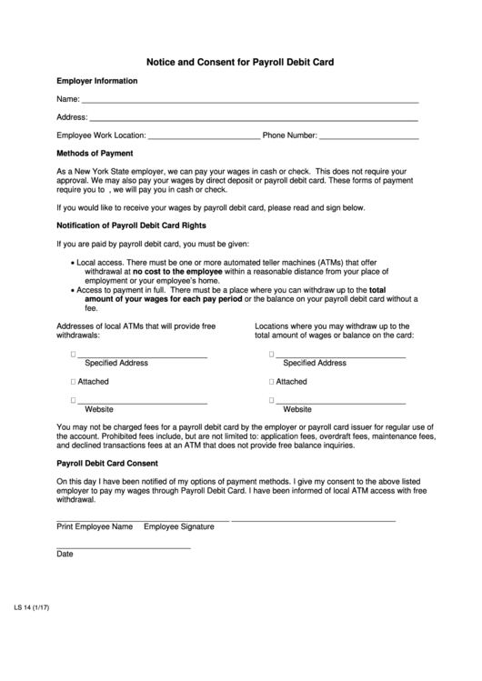 Notice And Consent For Payroll Debit Card (New York State Employer) Printable pdf