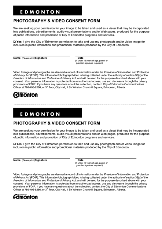 Photo And Video Consent Form - City Of Edmonton Printable pdf