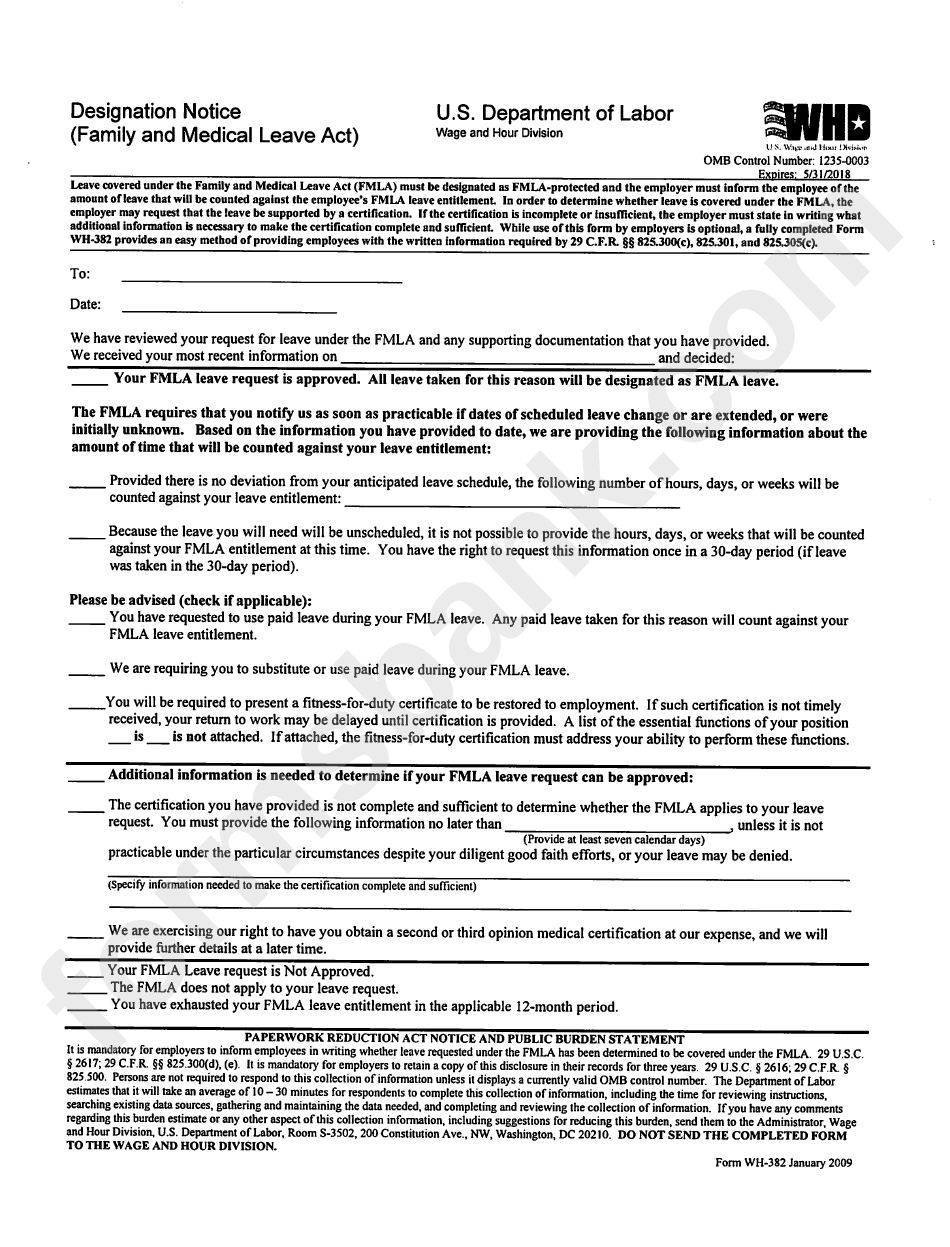Form Wh-382 - Designation Notice (Family And Medical Leave Act)