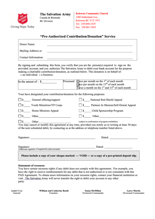 Pre-Authorized Contribution/donation Service Form - The Salvation Army (Canada & Bermuda) Printable pdf