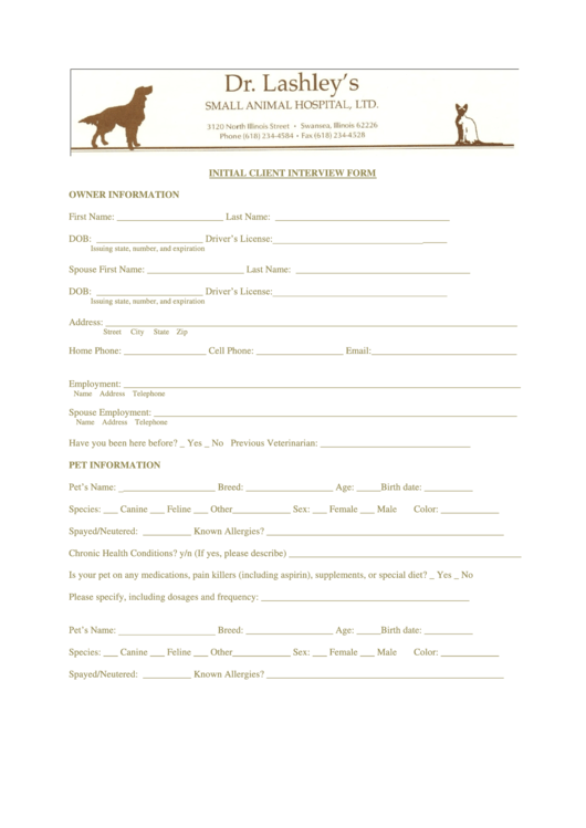 New Patient Interview Form - Lashley Animal Hospital Printable pdf