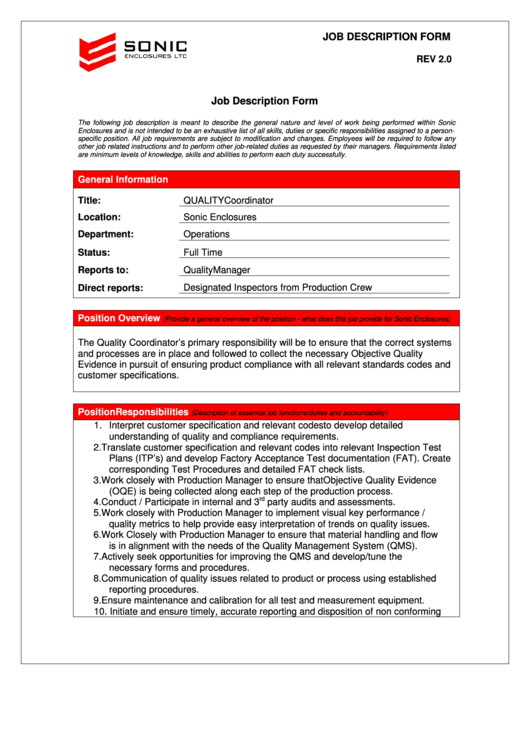 Quality Coordinator Job Description Printable pdf