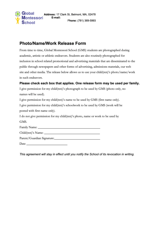 Photo/name/work Release Form - Global Montessori School Printable pdf