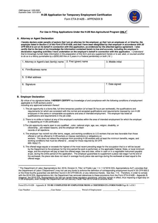 Fillable Form Eta 9142b - Appendix B - Foreign Labor Certification - H-2b Application For Temporary Employment Certification Printable pdf