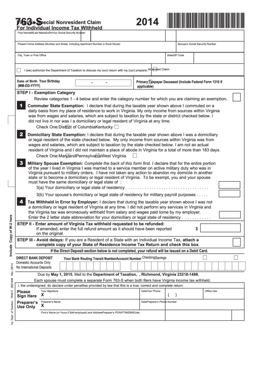 Fillable Form 763-S - Virginia Special Nonresident Claim For Individual Income Tax Withheld Printable pdf