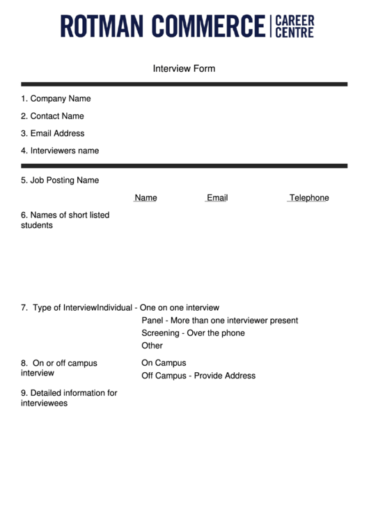 Fillable Interview Form - Rotman Commerce Printable pdf