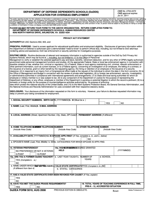 Fillable Dodea Form 5010, Dodds Application For Overseas Employment Printable pdf