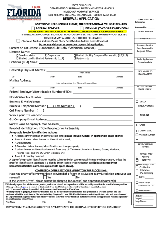 Fillable Renewal Application Motor Vehicle, Mobile Home, Or Recreational Vehicle Dealers - Florida Highway Safety And Motor Vehicles Printable pdf