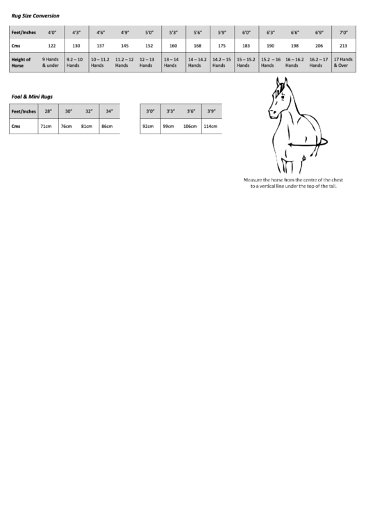 Free Rein Equestrian Rug Size Conversion Chart Printable pdf