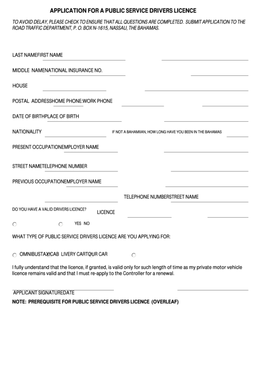 Fillable Application For A Public Service Drivers Licence Printable pdf