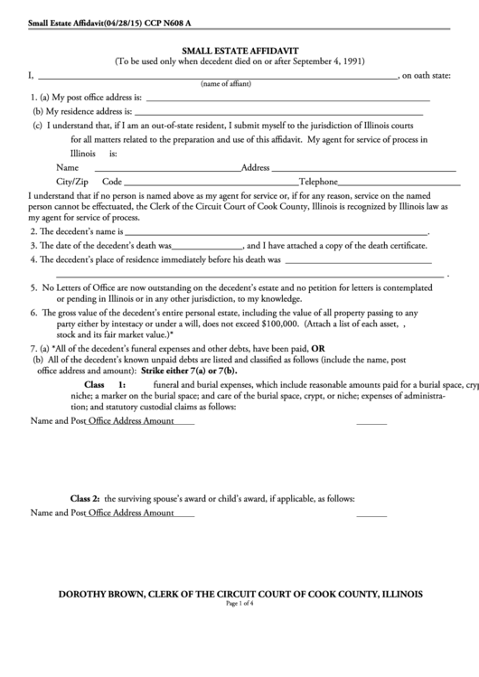 Fillable Small Estate Affidavit Form - Circuit Court Of Cook County, Illinois Printable pdf