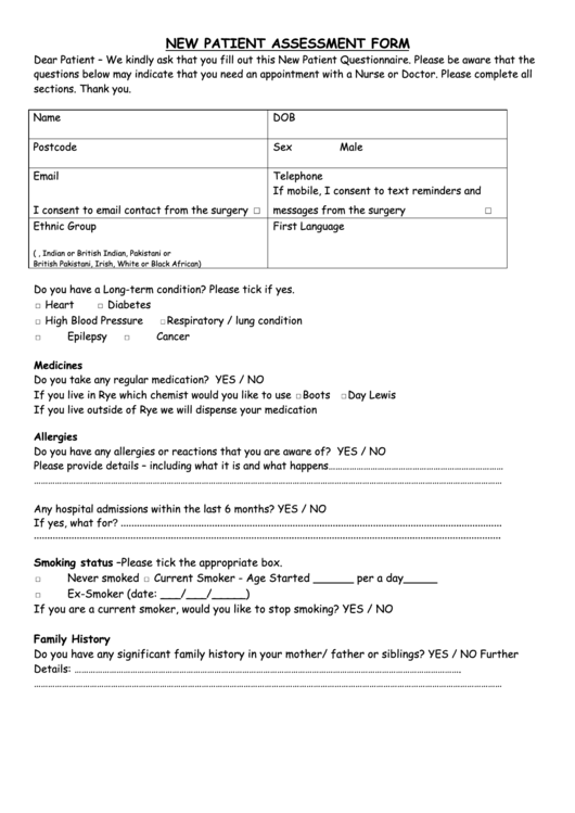 New Patient Assessment Form - Ferry Road Health Centre Printable pdf