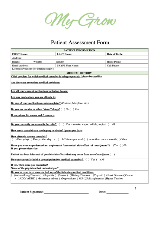 Patient Assessment Form - My-Grow Printable pdf