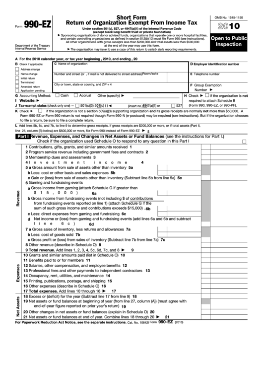 Fillable Form 990-Ez - Short Form Return Of Organization Exempt From Income Tax Printable pdf