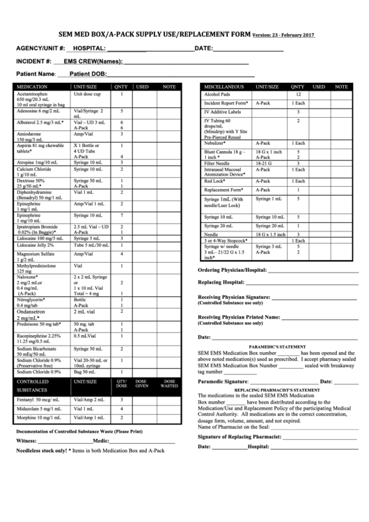 Sem Med Box/a-Pack Supply Use/replacement Form Printable pdf