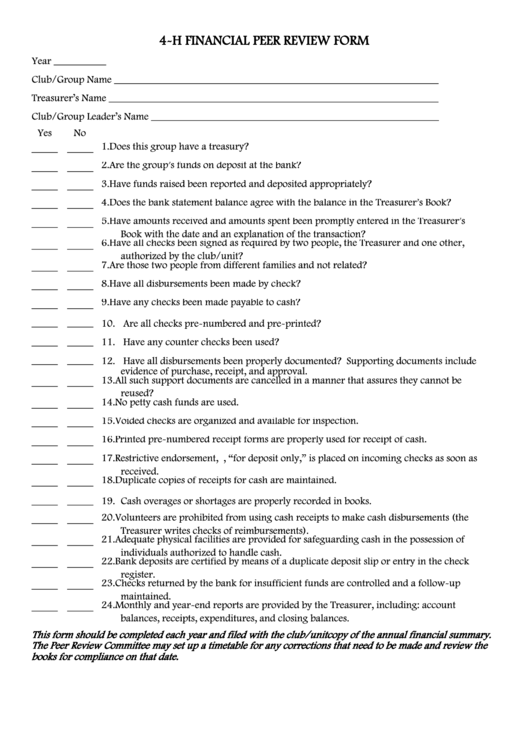 4-H Financial Peer Review Form - Wsu Extension Printable pdf