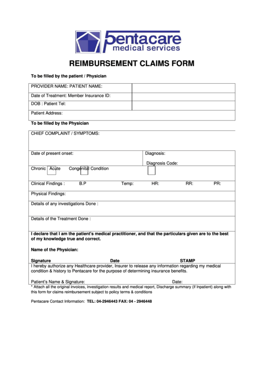 Pentacare Reimbursement Claims Form Printable pdf