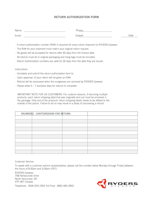 Fillable Return Authorization Form - Ryders Eyewear Printable pdf