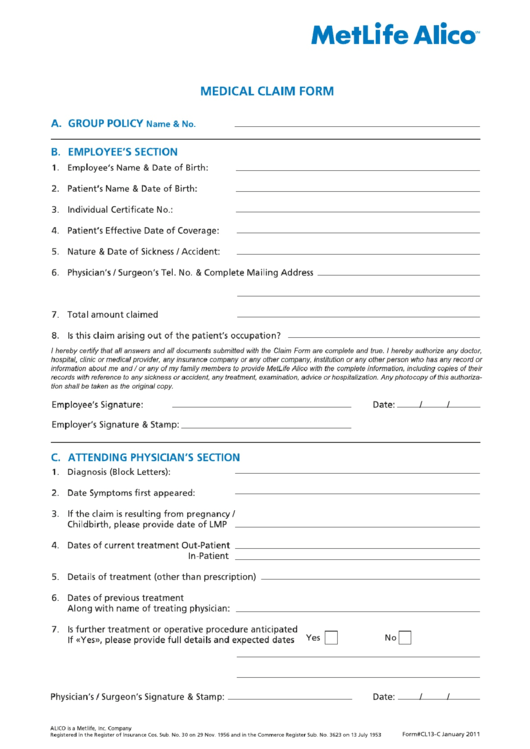 Metlife Alico Medical Claim Form Printable pdf