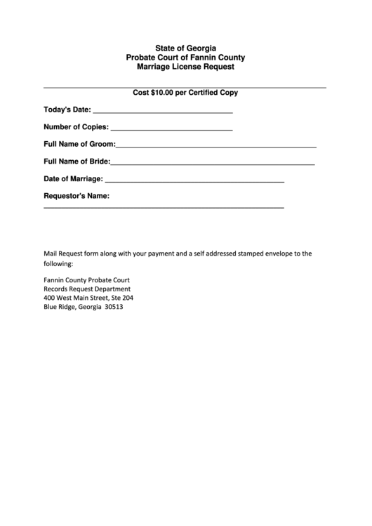 State Of Georgia, Probate Court Of Fannin County - Marriage License Request Printable pdf