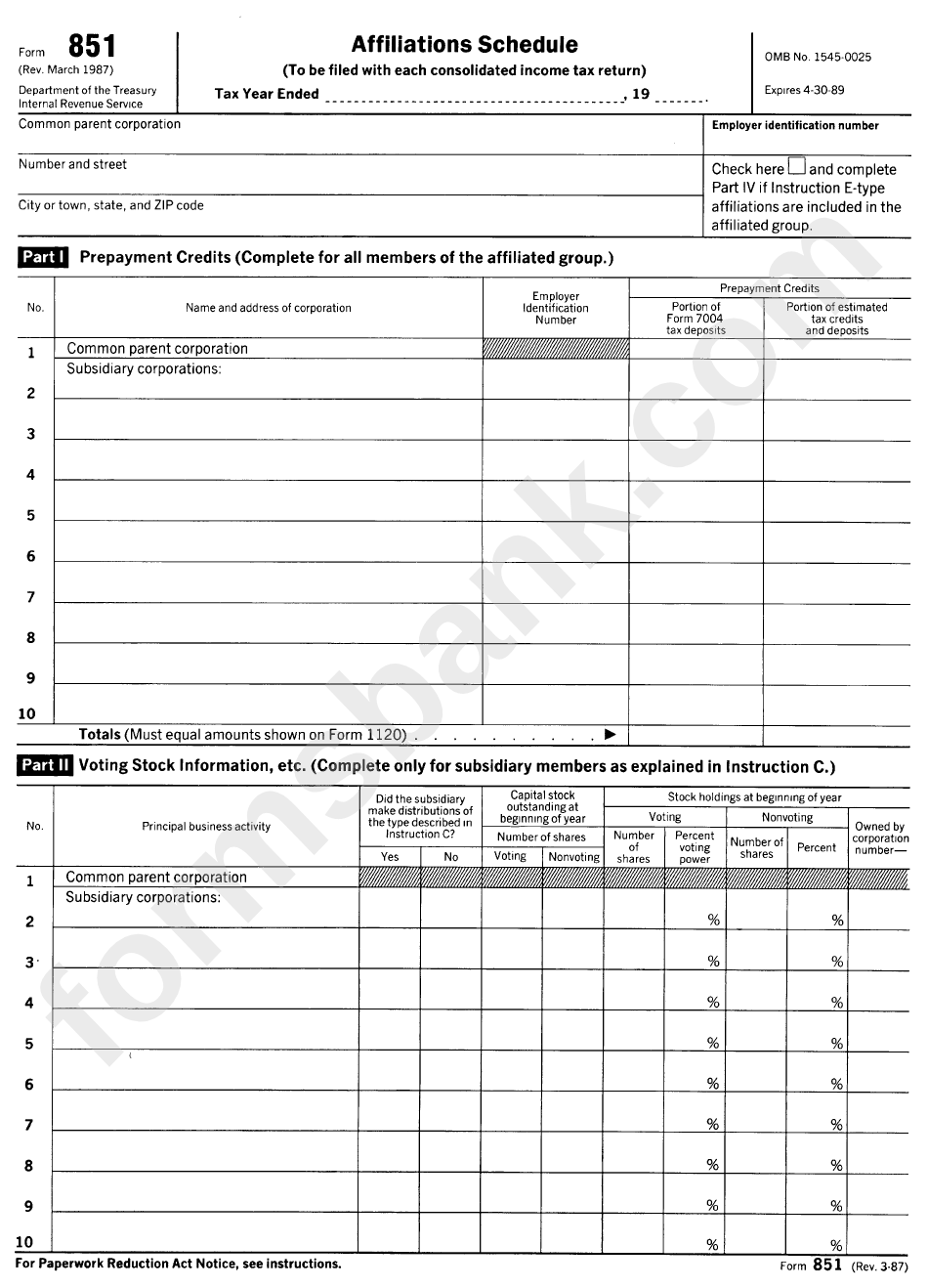 Form 851 - Affiliations Schedule