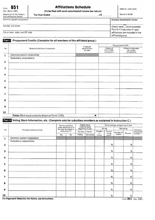 Form 851 - Affiliations Schedule Printable pdf