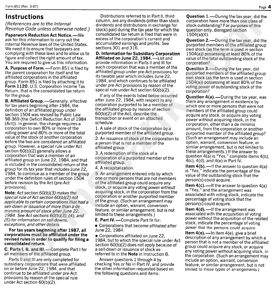 Form 851 - Affiliations Schedule