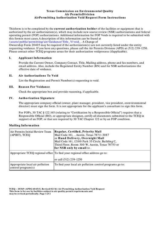 Fillable Texas Commission On Environmental Quality Air Permits Division Air Permitting Authorization Void Request Form Printable pdf