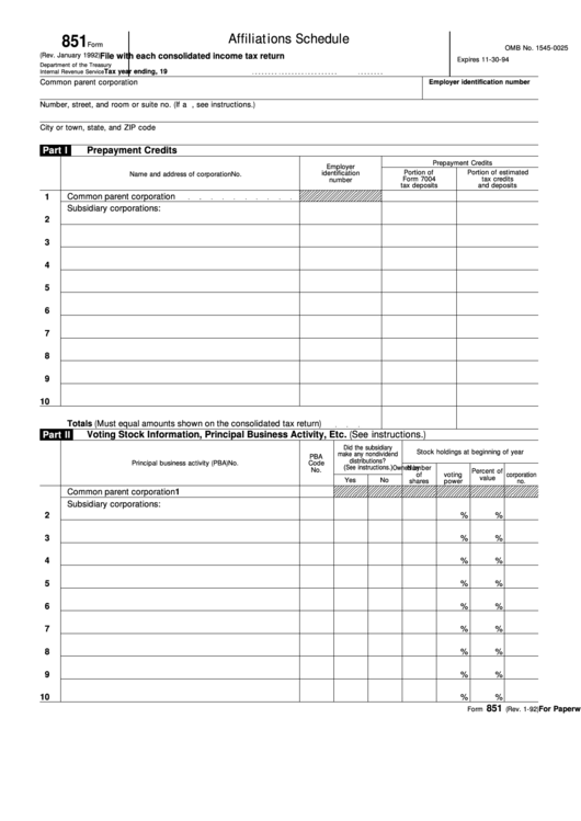 Form 851 (1992) - Affiliations Schedule Printable pdf
