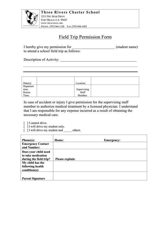 Field Trip Permission Form - Three Rivers Charter School Printable pdf
